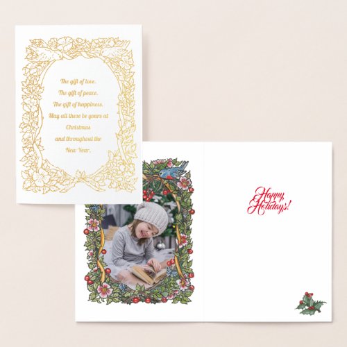 Elegant Gold Holiday Bird Wreath Photo Christmas Foil Card