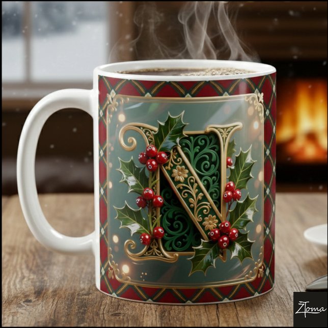 Elegant Gold Holly Christmas Initial Letter N Coffee Mug (Creator Uploaded)