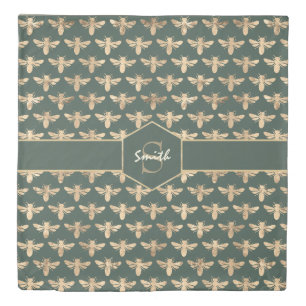 Elegant Gold HoneyBee Pattern on Dark Green Duvet Cover