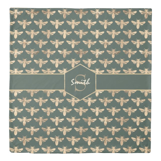 Elegant Gold HoneyBee Pattern on Dark Green Duvet Cover (Front)