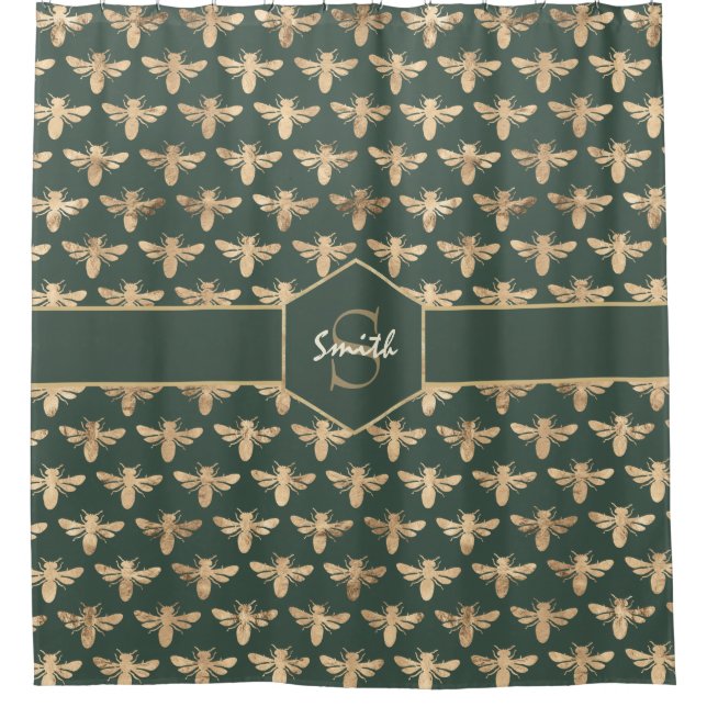 Elegant Gold HoneyBee Pattern on Dark Green Shower Curtain (Front)