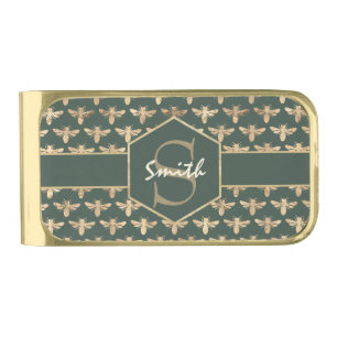 Elegant Gold HoneyBees Pattern on Dark Green Gold Finish Money Clip