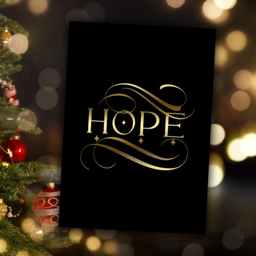 Elegant Gold Hope Calligraphy Script on Black Foil Holiday Card