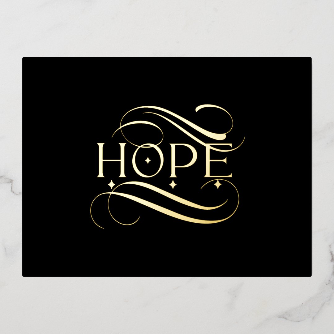 Elegant Gold Hope Calligraphy Script on Black Foil Holiday Postcard ...