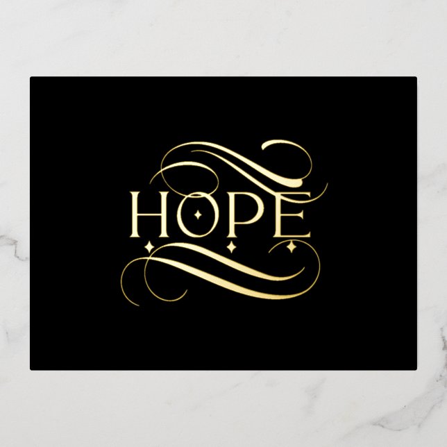 Elegant Gold Hope Calligraphy Script on Black Foil Holiday Postcard (Front)
