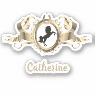 Elegant Gold Horse Ribbon Crest Name Sticker