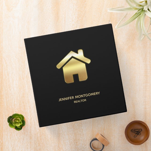 Elegant Gold House Symbol Real Estate Design 3 Ring Binder (In Situ)