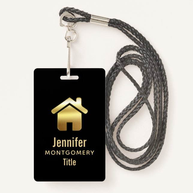 Elegant Gold House Symbol Real Estate Design Badge (Front with Lanyard)