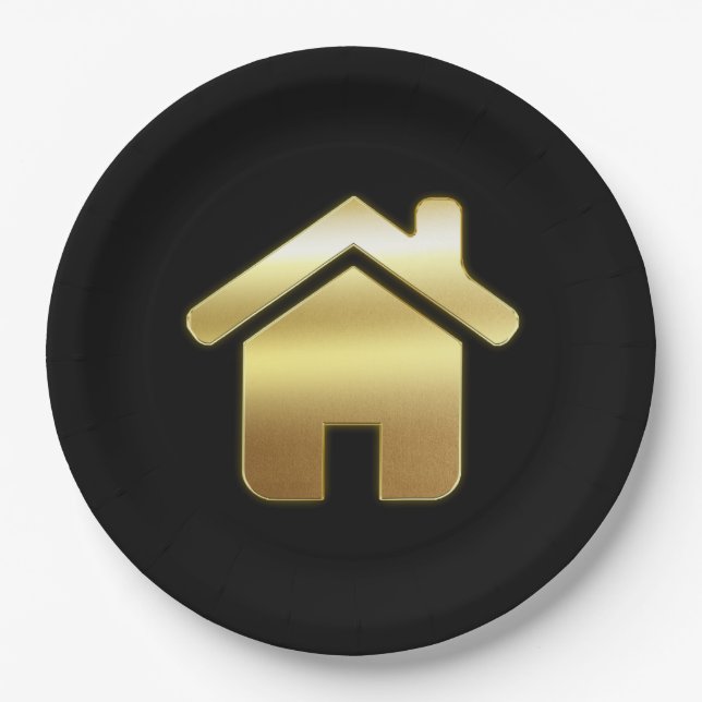 Elegant Gold House Symbol Real Estate Design Paper Plates (Front)