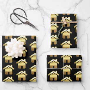 Elegant Gold House Symbol Real Estate Pattern Wrapping Paper Sheets