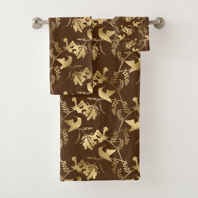 Elegant Gold Hummingbirds Glam Brown Bath Towel Set (Insitu)