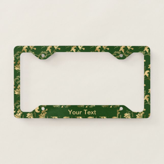 Elegant Gold Hummingbirds Glam Green Personalized License Plate Frame (Front)