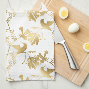 Elegant Gold Hummingbirds Glam Kitchen Towel