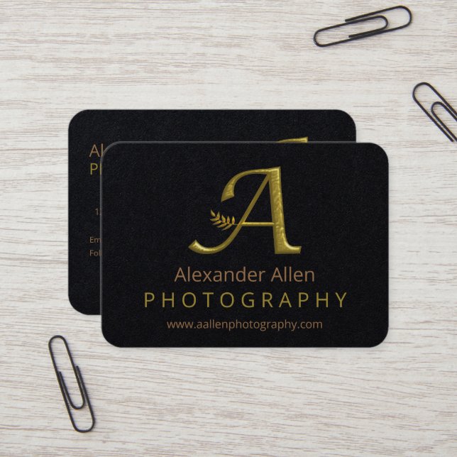 Elegant Gold Initial Letter A Logo Business Card (Front/Back In Situ)