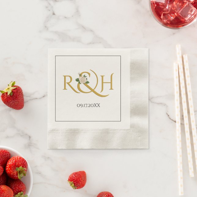 Elegant gold initials and ampersand, rose wedding napkins (Insitu)