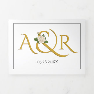 Elegant gold initials with ampersand, rose wedding Tri-Fold invitation