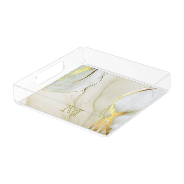 Elegant Gold Ink Abstract Pattern Monogram   Acrylic Tray (Angled)
