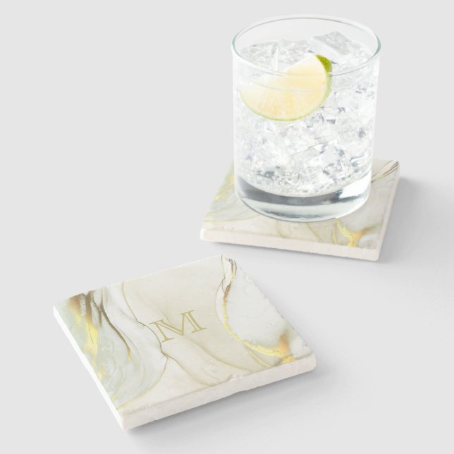 Elegant Gold Ink Abstract Pattern Monogram  Stone Coaster (Side)