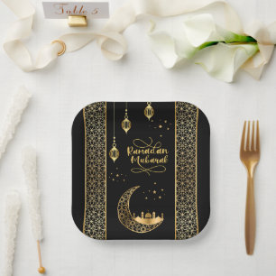 Elegant Gold Islamic Patterns Ramadan Mubarak Paper Plates