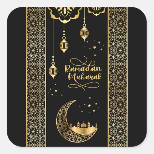 Elegant Gold Islamic Patterns Ramadan Mubarak Square Sticker