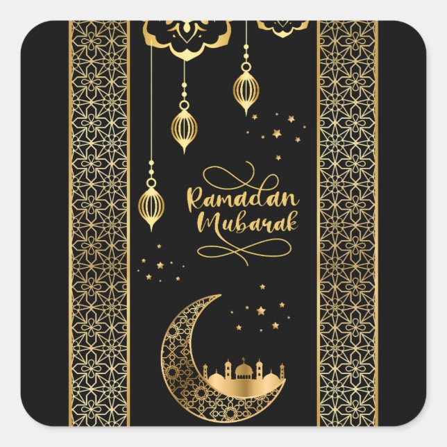 Elegant Gold Islamic Patterns Ramadan Mubarak Square Sticker (Front)