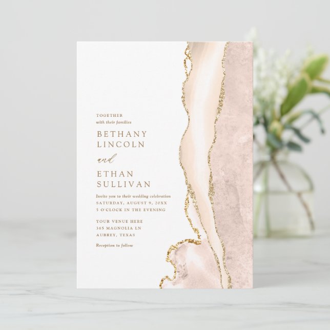 Elegant Gold Ivory Agate Wedding Invitation (Standing Front)