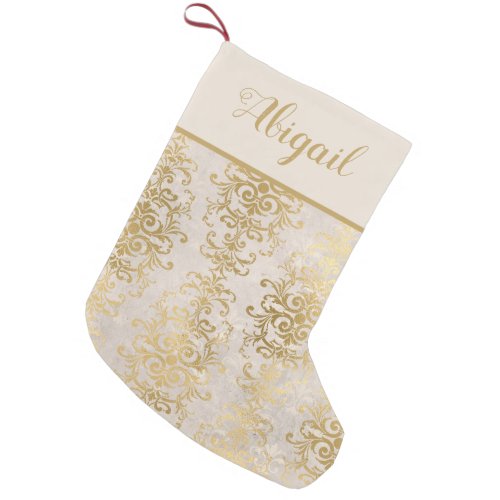 Elegant Gold Ivory Damask Personalized Small Christmas Stocking