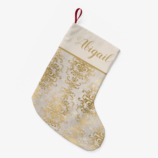 Elegant Gold Ivory Damask Personalized Small Christmas Stocking (Front (Hanging))