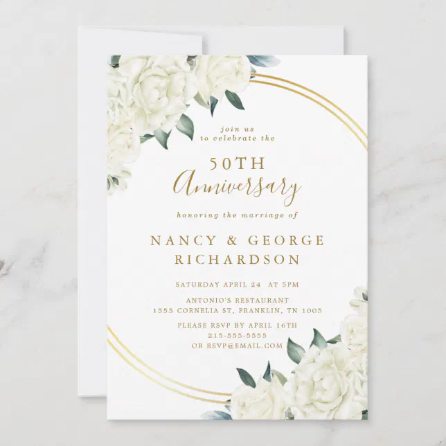 Elegant Gold Ivory Floral 50th Wedding Anniversary Invitation | Zazzle