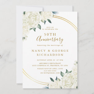 Elegant Gold Ivory Floral 50th Wedding Anniversary Invitation