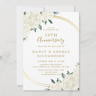 Elegant Gold Ivory Floral 50th Wedding Anniversary Invitation