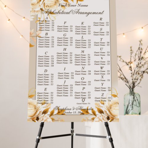 Elegant Gold Ivory Floral Alphabetic Seating Chart Foam Board