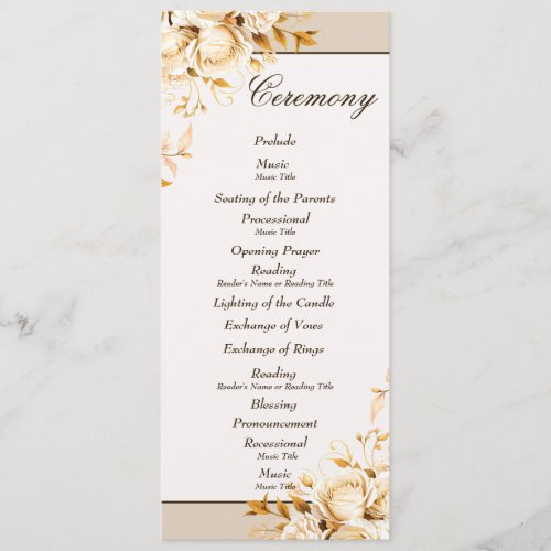 Elegant Gold  Ivory Floral Ceremony Wedding Party Program
