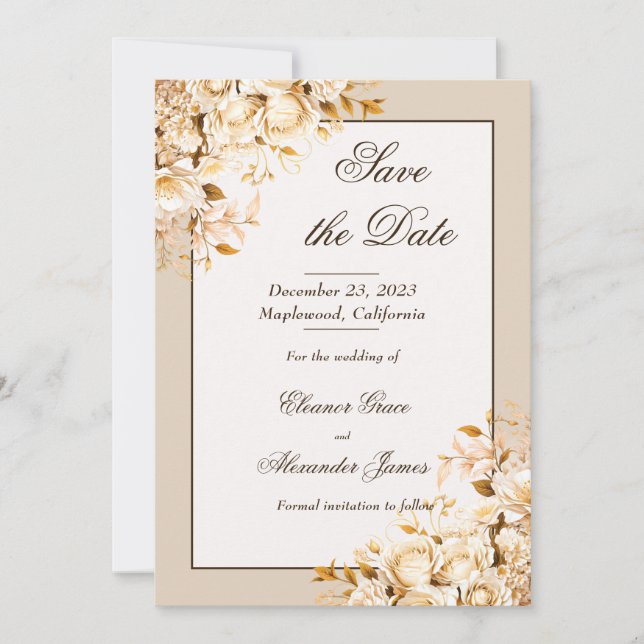 Elegant Gold & Ivory Floral Formal Save the Date Invitation (Front)