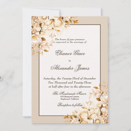 Elegant Gold  Ivory Floral Formal Wedding Invitation