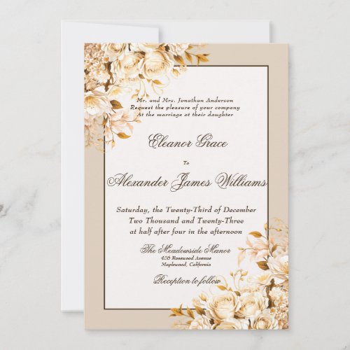 Elegant Gold  Ivory Floral Formal Wedding Invitation