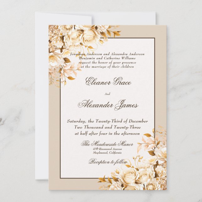 Elegant Gold & Ivory Floral Formal Wedding Invitation (Front)