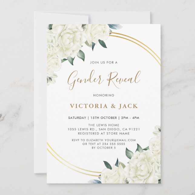 Elegant Gold Ivory Floral Greenery Gender Reveal Invitation (Front)