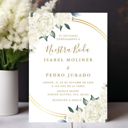 Elegant Gold Ivory Floral Nuestra Boda Wedding Invitation