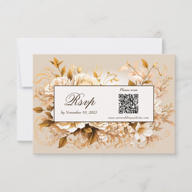 Elegant Gold & Ivory Floral QR Code RSVP Card (Front)
