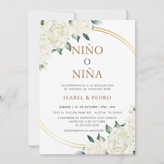 Elegant Gold Ivory Floral Spanish Gender Reveal Invitation (Front)