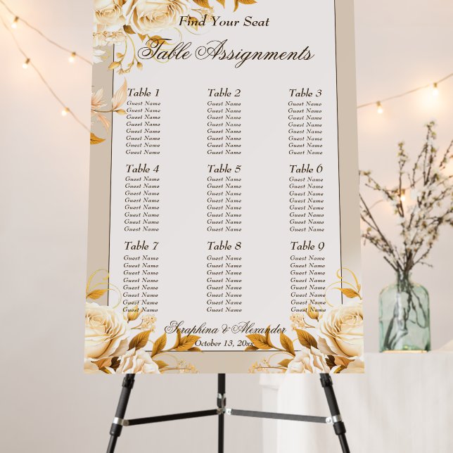 Elegant Gold & Ivory Floral Table Seating Chart Foam Board (In Situ (Stand))
