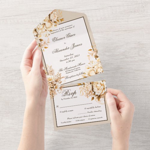 Elegant Gold  Ivory Floral Wedding All In One Invitation