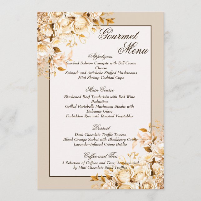 Elegant Gold & Ivory Floral Wedding Gourmet Menu (Front)