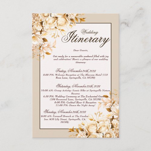 Elegant Gold  Ivory Floral Wedding Itinerary Enclosure Card