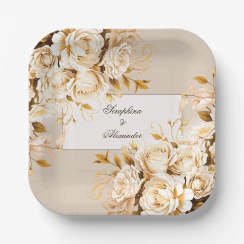 Elegant Gold  Ivory Floral Wedding Paper Plates