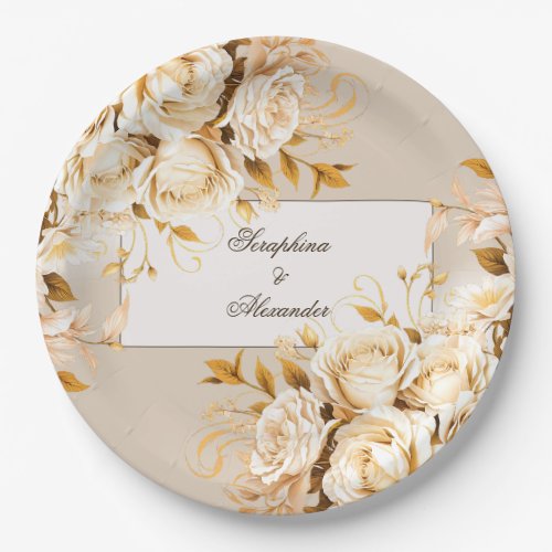 Elegant Gold  Ivory Floral Wedding Paper Plates