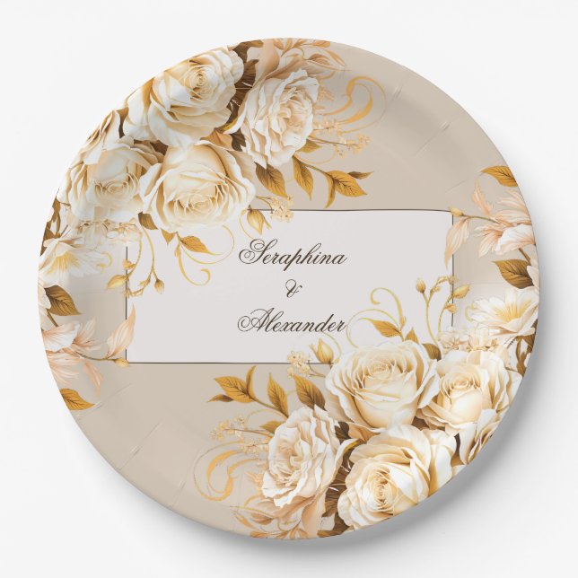 Elegant Gold & Ivory Floral Wedding Paper Plates (Front)