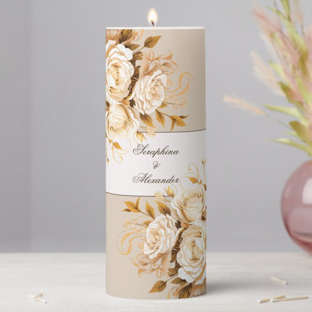 Elegant Gold & Ivory Floral Wedding Pillar Candle (In Situ)