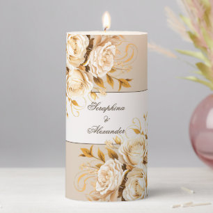Elegant Gold & Ivory Floral Wedding Pillar Candle